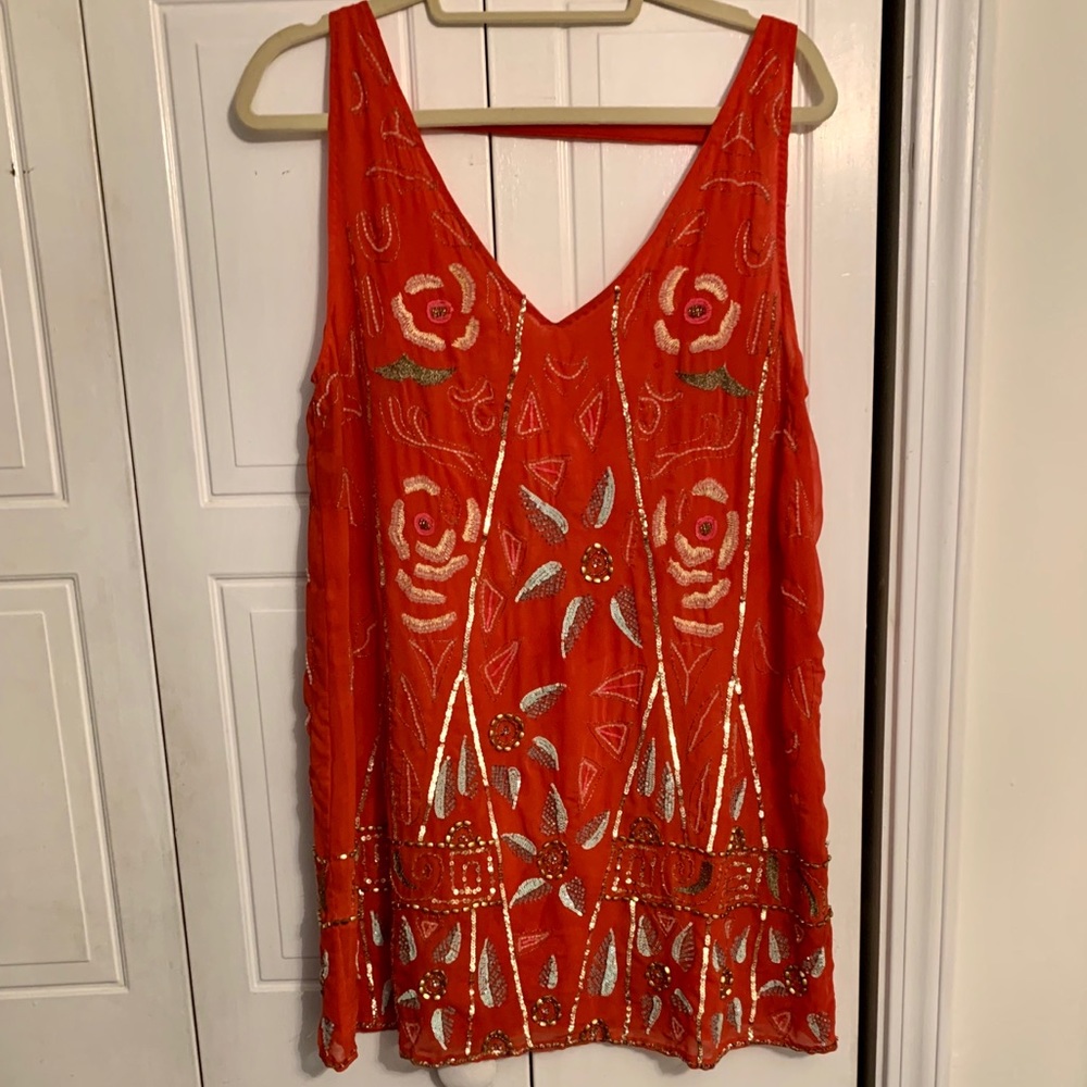 Free people coral mini dress with detailed beading